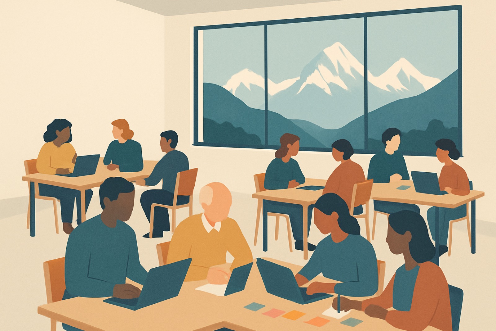 Illustration: Gruppen an Tischen mit Laptops und Post-its, im Fenster Berge