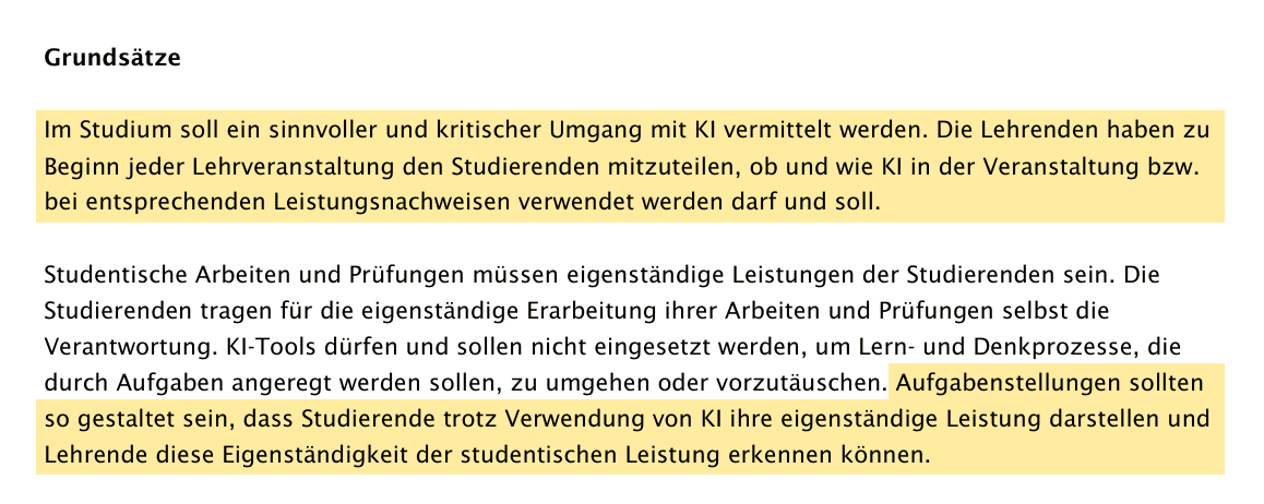 Leitlinien der PH Vorarlberg zum Umgang mit KI in der Lehre, Abschnitt „Grundsätze“: Die Lehrperson legt zu Beginn jeder Lehrveranstaltung fest, ob und wie KI verwendet werden darf und soll; Aufgaben sollen Eigenständigkeit trotz KI sichtbar machen. Ausschnitt aus der Fassung vom 11. November 2025, S. 1; Hervorhebung durch den Verfasser.