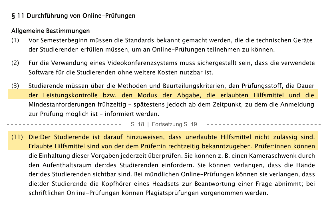 Satzung der PH Vorarlberg, § 11 Abs. 3 und Abs. 11 (Online-Prüfungen): Erlaubte Hilfsmittel sind frühzeitig und rechtzeitig bekanntzugeben. Ausschnitte aus dem Mitteilungsblatt der PH Vorarlberg, 26. Stück, 30.09.2026, S. 18 und S. 19; Hervorhebung durch den Verfasser.