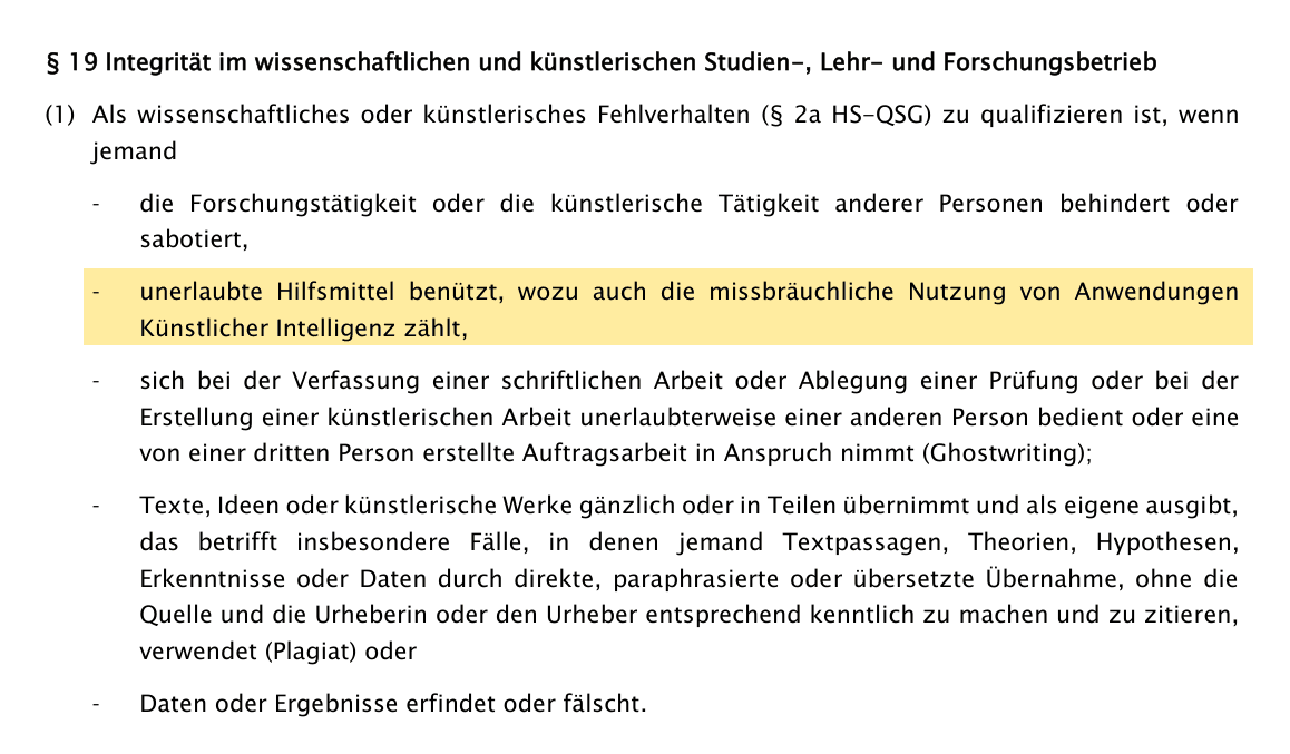 Satzung der PH Vorarlberg, studienrechtliche Bestimmungen, § 19 Abs. 1: Der Katalog des wissenschaftlichen Fehlverhaltens mit dem KI-Spiegelstrich, wortgleich mit § 2a Abs. 3 Z 2 HS-QSG. Ausschnitt aus dem Mitteilungsblatt der PH Vorarlberg, 26. Stück, 30.09.2026, S. 24; Hervorhebung durch den Verfasser.