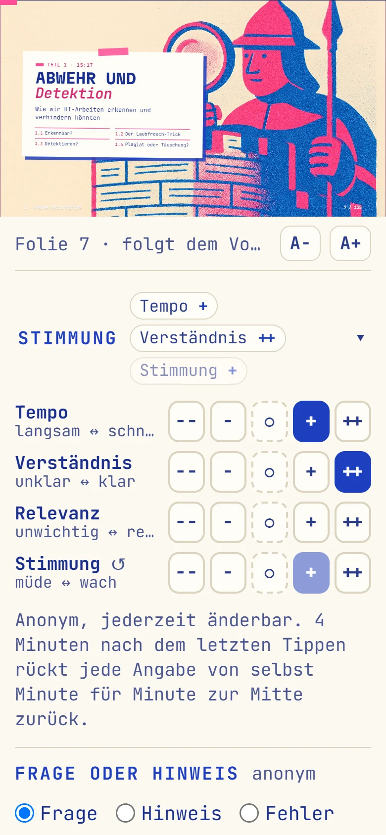 Teilnehmerseite am Handy: oben die Folie, darunter das ausgeklappte Stimmungsbarometer und das Feld für Fragen