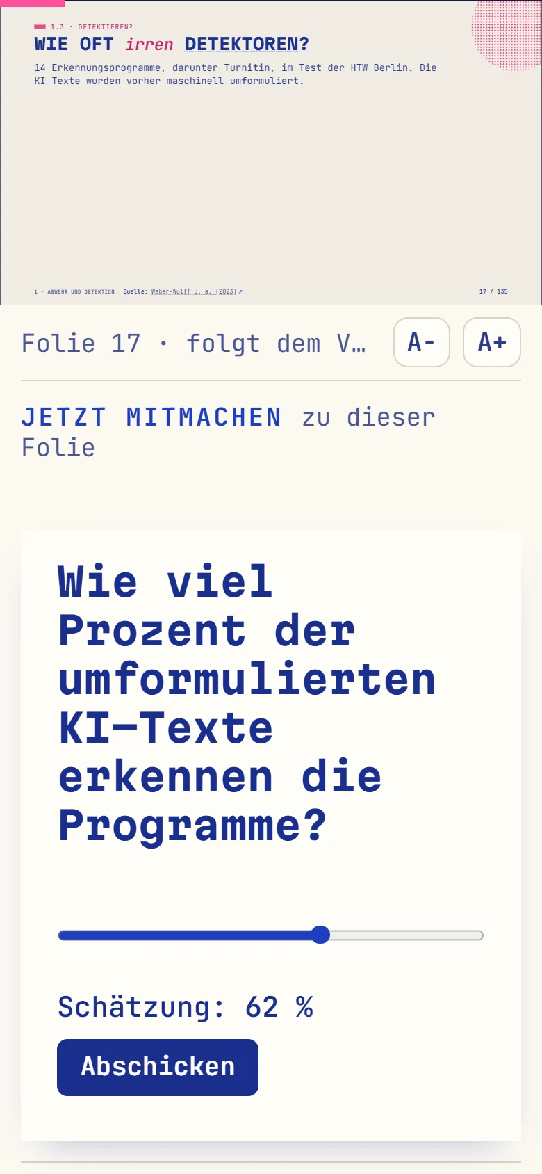 Teilnehmerseite am Handy bei einer Schätzfrage mit Schieberegler und Knopf Abschicken