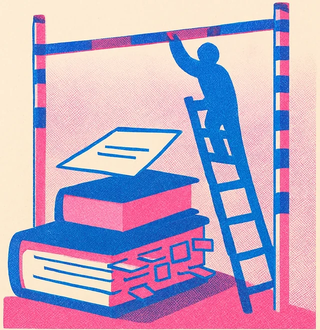 Riso-Illustration: Eine Person auf einer Leiter hebt eine Hochsprunglatte zwischen zwei gestreiften Messstangen an; darunter ein Stapel aus Arbeitsblatt, Schulbuch und einem dicken Buch mit vielen Lesezeichen.
