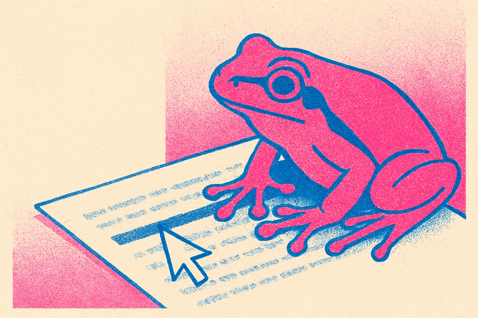 Riso-Illustration: Laubfrosch auf einem Blatt Papier, ein Mauszeiger markiert eine Zeile