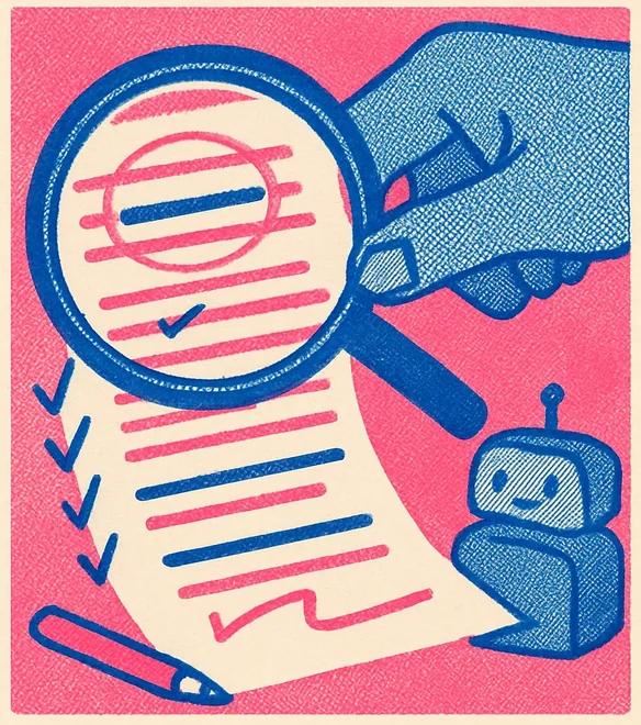 Riso-Illustration: Eine Hand hält eine große Lupe über einen Textentwurf, den ein kleiner Roboter ausgibt; unter der Lupe ist eine Zeile eingekreist, am Rand stehen Häkchen, daneben liegt ein Rotstift.
