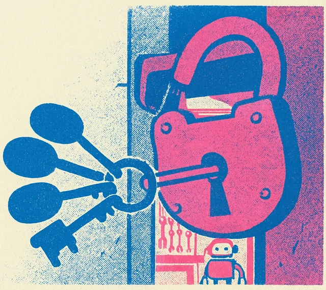 Riso-Illustration: Ein Schlüsselbund steckt in einem großen, aufspringenden Vorhängeschloss an einer Tür; dahinter eine Werkstatt mit Werkzeug und ein kleiner Roboter.