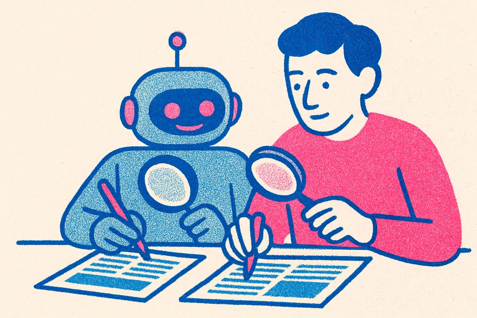 Riso-Illustration: Mensch und Roboter prüfen nebeneinander gedruckte Seiten mit Lupe und Rotstift