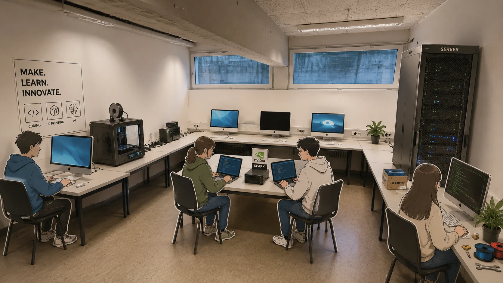 KI-generierte Visualisierung des AI LAB: ein Raum mit Fensterband, Arbeitstischen, Bildschirmen, einem 3D-Drucker, einem Serverschrank und einem kleinen Rechner mit der Aufschrift „Spark“; vier Studierende arbeiten an Laptops und Bildschirmen.