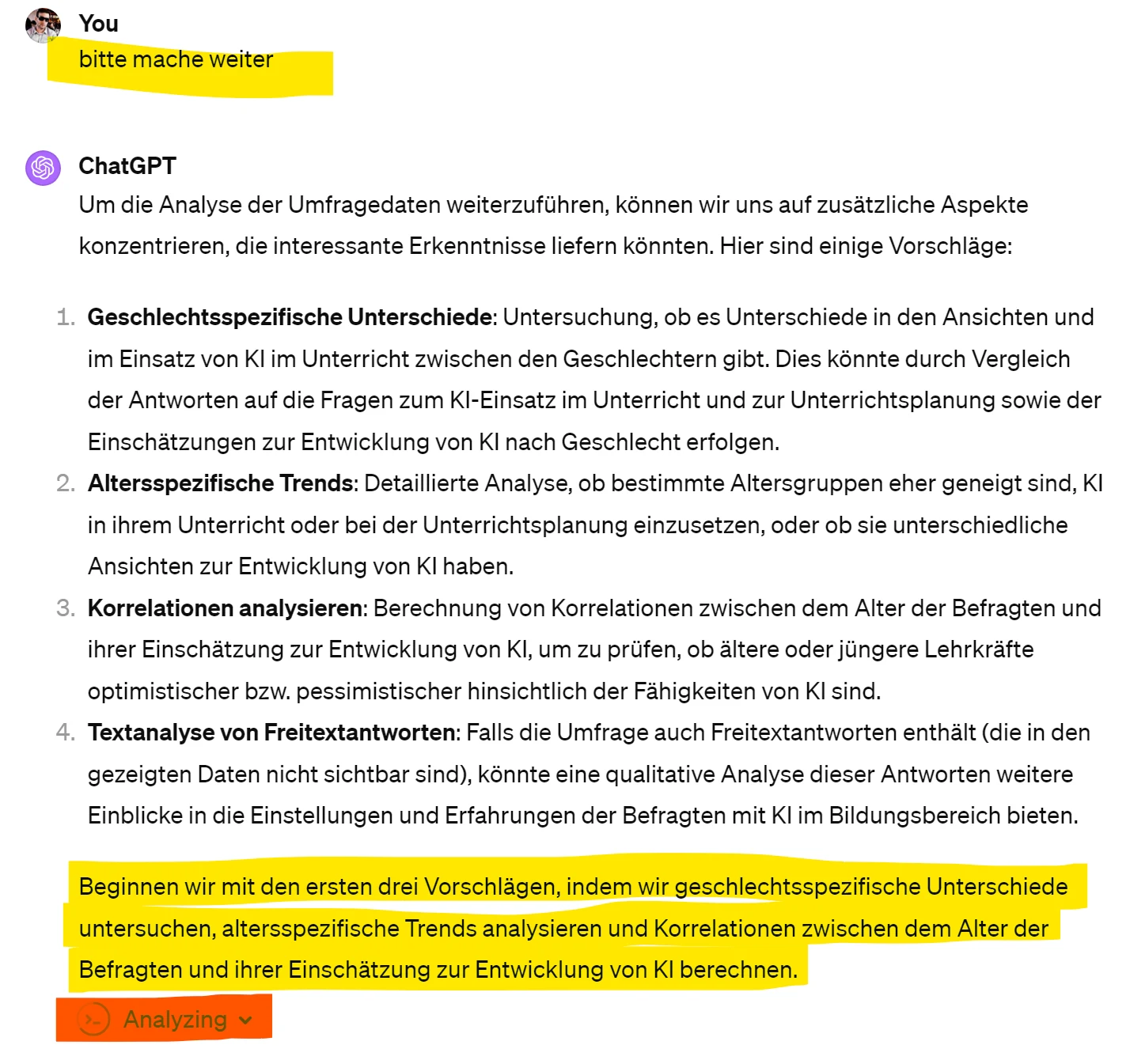 Chat: Vorschläge für weitere Analysen, Hervorhebung der ersten drei Vorschläge