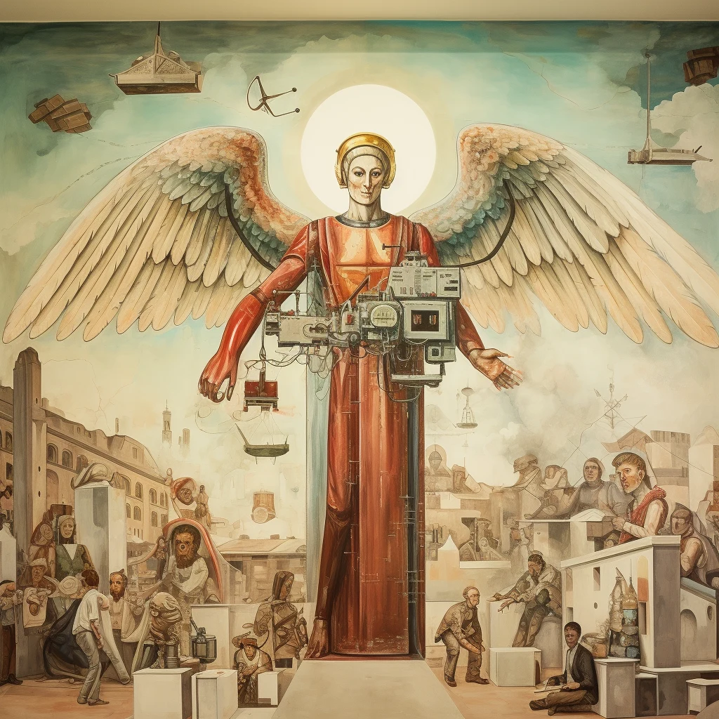 Engel mit Flügeln und Heiligenschein über einer Menschenmenge, in Art eines alten Gemäldes