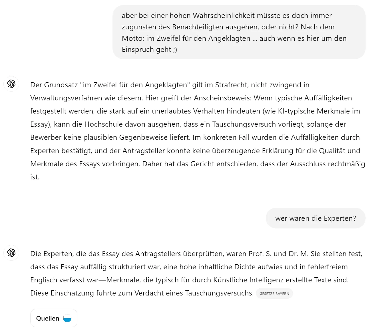 Chat: Frage, ob bei hoher Wahrscheinlichkeit nicht im Zweifel für den Benachteiligten entschieden werden müsse; Antwort zu Anscheinsbeweis; Frage nach den Experten; Antwort: Prof. S. und Dr. M.