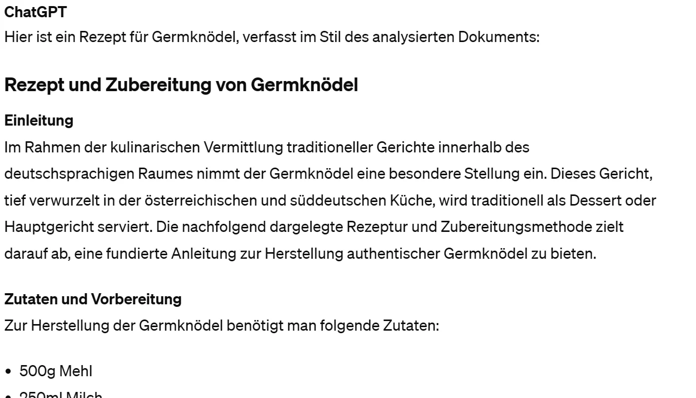 ChatGPT-Antwort: „Rezept und Zubereitung von Germknödel“ mit wissenschaftlich klingender Einleitung über kulinarische Vermittlung im deutschsprachigen Raum