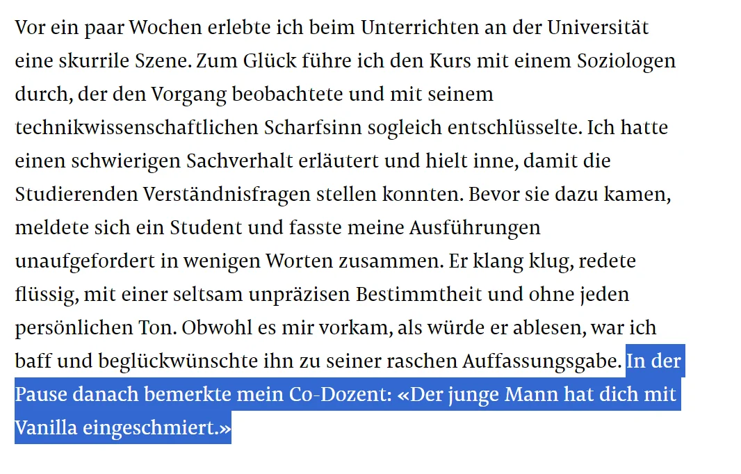 Text über einen Studenten, der klug, aber unpersönlich zusammenfasst; markiert: „In der Pause danach bemerkte mein Co-Dozent: Der junge Mann hat dich mit Vanilla eingeschmiert.“