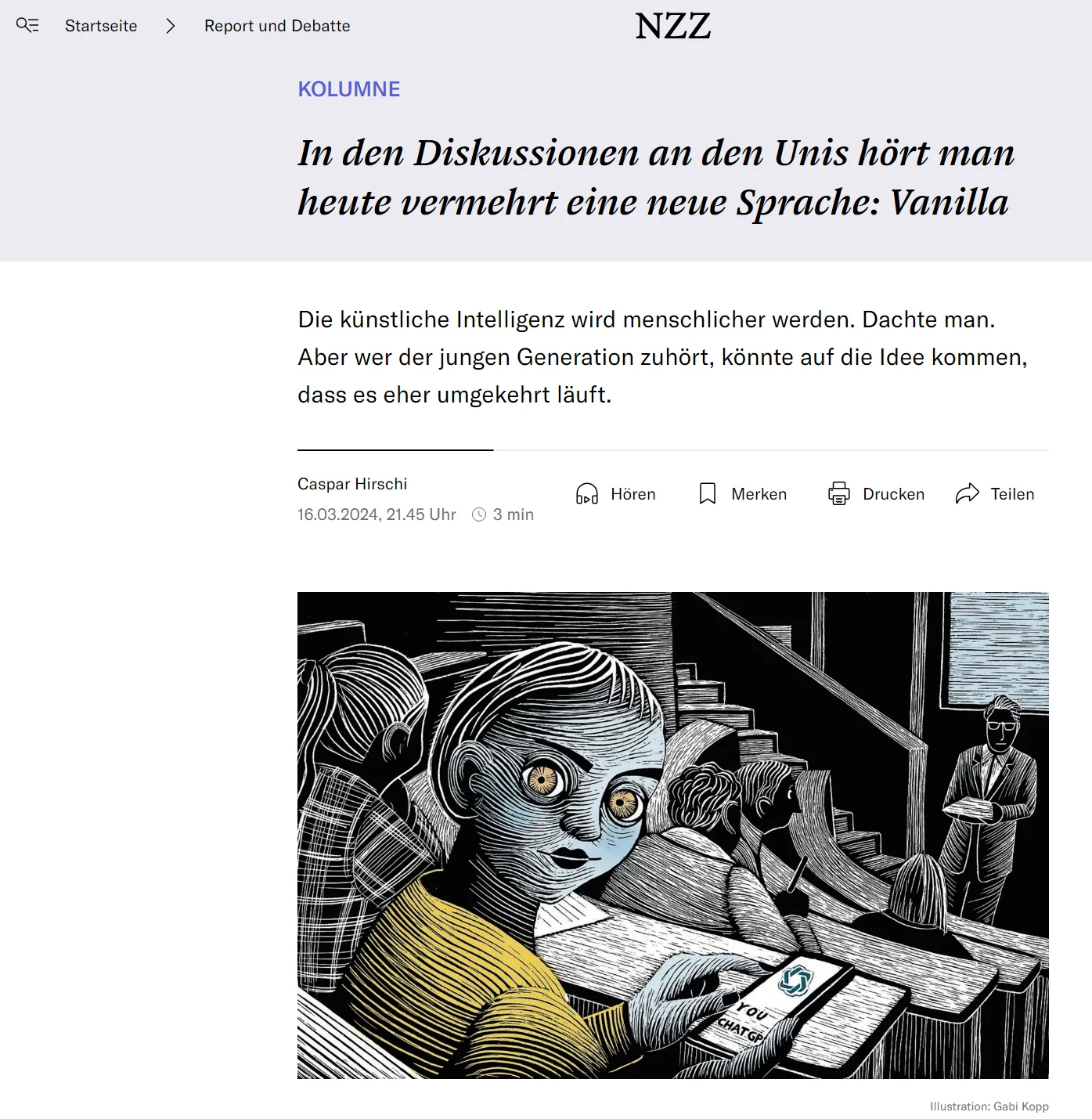 NZZ-Artikelkopf „In den Diskussionen an den Unis hört man heute vermehrt eine neue Sprache: Vanilla“, darunter Holzschnitt-Illustration: junge Frau mit leuchtenden Augen am Smartphone, im Hintergrund eine Gestalt mit Buch