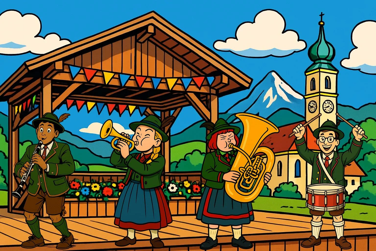 Comic: Blaskapelle in Tracht mit Klarinette, Trompete, Tuba und Trommel vor einem Musikpavillon, Berg und Kirchturm